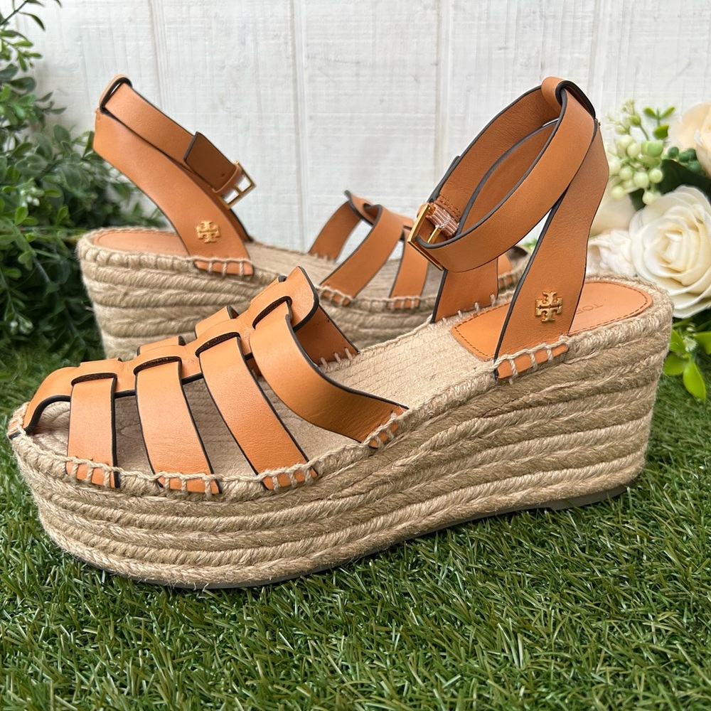 Tory Burch Tan Leather Espadrille Platform Sandals